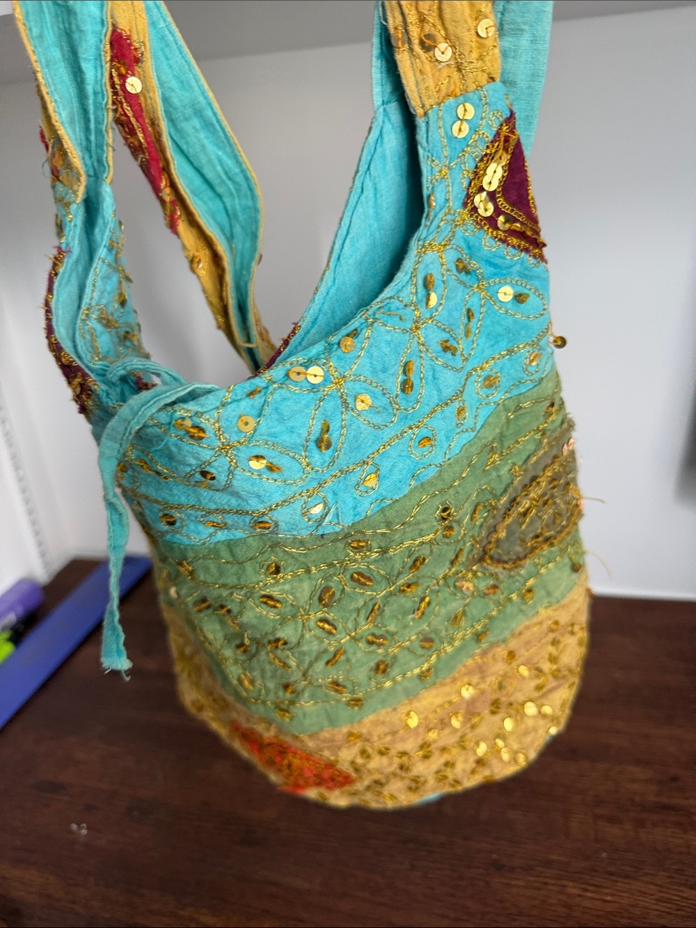 Bohemian Embroidered Turquoise & Gold Shoulder Bag